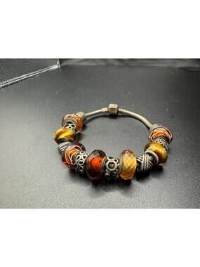 Vtg Cham Sterling Silver 925 Brown Glass Bead Charm Bracelet Snake Chain Sz 6.5